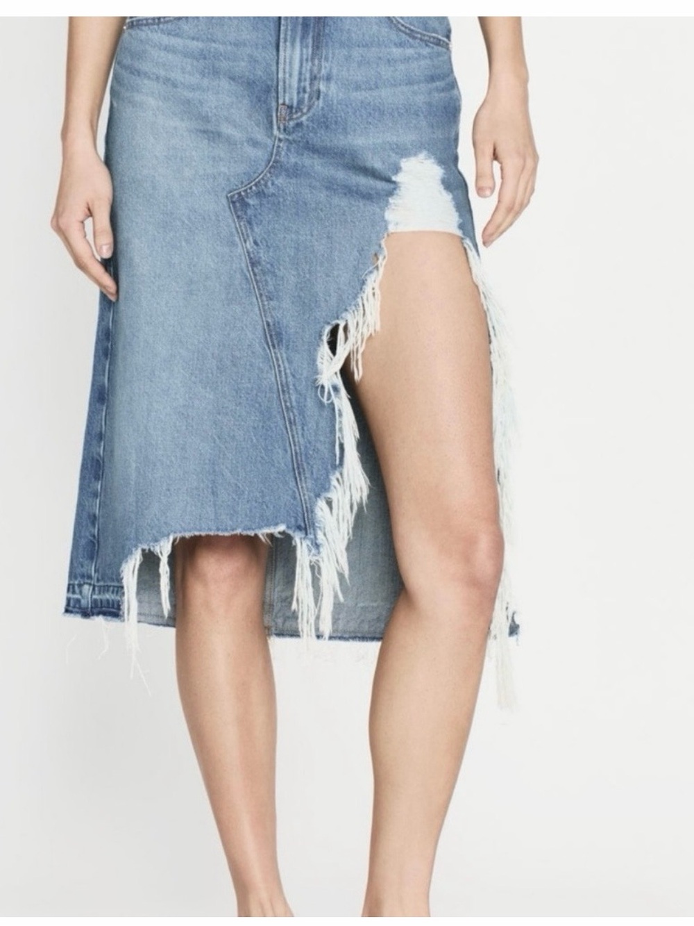 Frame Denim Light Blue Asymmetrical Frayed High-Slit Midi Skirt